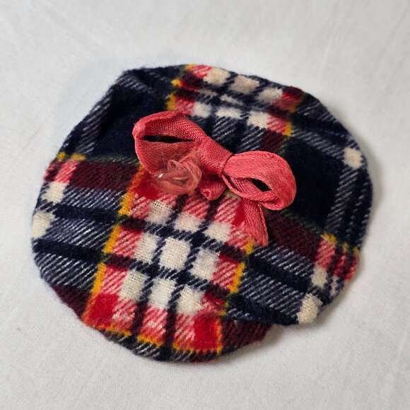 Vintage Doll Hat Beret Plaid Tartan Small Baby Flannel Bow Scottish Accessory - Picture 1 of 9